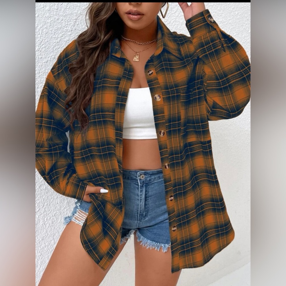 Shein Curve Plaid Print Drop Shoulder Shirt